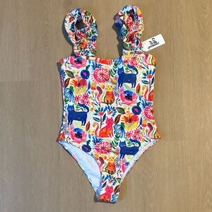 NWT Sporlike One Piece Ruffle Adjustable Strap Cat Print Swimsuit size Medium